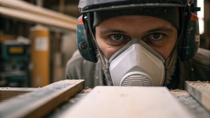 Poster - Medium closeup of a workers face partially obscured by a dust mask displaying concentration as they align the noisedampening panels for a precise fit.
