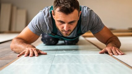 Poster - Medium closeup of a workers face deep in concentration as they align large sheets of flooring to ensure a seamless connection sweat glistening on their brow.