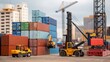 © DigitalSpace - Medium closeup of heavy machinery such as cranes or forklifts maneuvering large containers and equipment illustrating the scale and complexity of construction operations.