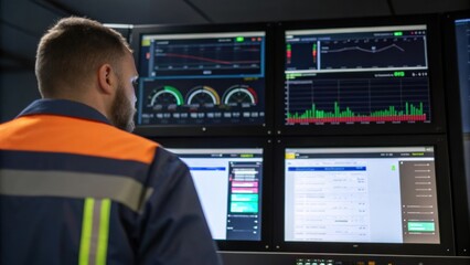 Aufkleber - Medium closeup of diagnostic screens showing the operational status of multiple AGVs with a technician monitoring realtime data on performance metrics.