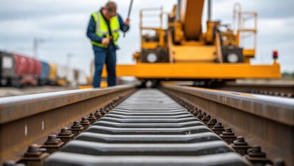 Aufkleber - Medium CloseUp of Crane Tracks A worker inspecting the tracks of a mobile crane checking for alignment and ensuring smooth mobility and stability.