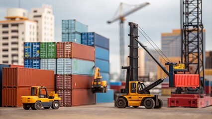 Aufkleber - Medium closeup of heavy machinery such as cranes or forklifts maneuvering large containers and equipment illustrating the scale and complexity of construction operations.