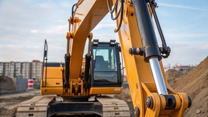 Aufkleber - Medium closeup of hydraulic arms extending and retracting on an excavator demonstrating the precision needed to create a smooth compacted surface for future building.