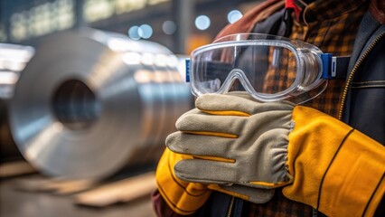 Poster - Medium closeup of protective gear worn by a worker focusing on gloves and goggles with a steel coil processing line blurred in the background to highlight safety protocols.