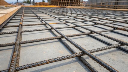 Aufkleber - Medium closeup of large steel rebar grids being p into position for reinforcement within a concrete pour highlighting the critical structural components.