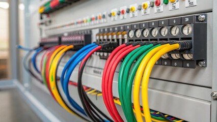 Aufkleber - Medium closeup of colorful cables and wiring being organized and connected on a control panel showcasing the electrical aspect of industrial machinery.