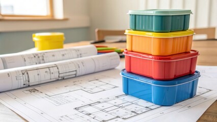 Aufkleber - Medium closeup of several colorful containers stacked on one another juxtaposed with construction blueprints spread out on a nearby table representing design and planning.