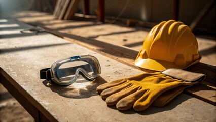 Poster - Medium closeup of safety equipment alongside the project site with goggles and gloves lying on a dusty work table against the harsh light.