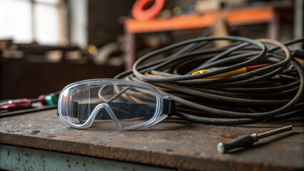 Poster - Medium closeup of safety goggles resting on a workbench next to a tangle of highstrength cables emphasizing the importance of safety in industrial settings.