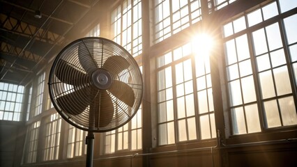 Aufkleber - Medium closeup of sunlight streaming through large factory windows onto a newly installed energyefficient cooling fan illustrating the integration of natural light and technology.