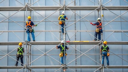 Poster - Medium closeup of scaffolding where multiple workers are collaborating showcasing teamwork in the construction of a large cooling tower while safety harnesses are visually