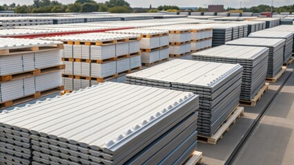 Aufkleber - Medium closeup of stacks of prefabricated components such as roofing panels and flooring sections neatly organized and ready for assembly illustrating the logistics of modular home