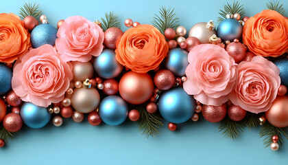 Poster - Festive floral Christmas border, pastel baubles, blue background