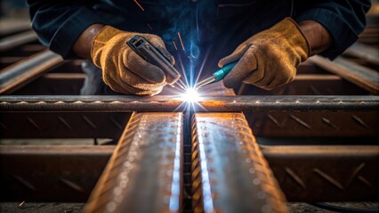 Poster - Medium closeup of skilled hands welding metal joints the bright arc of the welder illuminating the rugged textures of the dock materials.