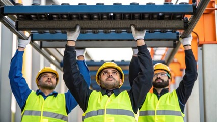 Aufkleber - Medium closeup of technicians wearing safety gear collaboratively lifting and aligning a section of conveyor belt onto a supporting framework emphasizing teamwork and safety