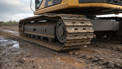 Poster - Medium closeup of the base of the pile driver featuring heavyduty tracks and a muddy ground emphasizing the machines stability and rugged functionality.