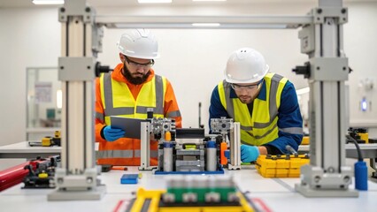 Aufkleber - Medium closeup of technicians in safety gear assembling automation equipment surrounded by tools and machinery in a welllit workspace.