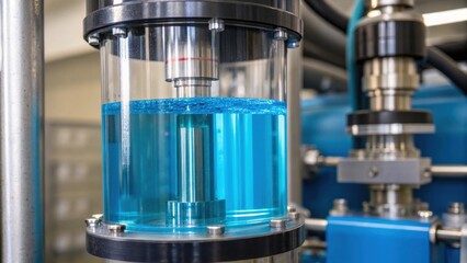 Aufkleber - Medium closeup of the hydraulic fluid reservoir with transparent sections showing the bright blue fluid inside and the surrounding machinery in sharp focus.