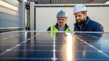 Aufkleber - Medium closeup of technicians examining a solar panel reflecting sunlight and showcasing its sleek design as they discuss its integration into the modular power station.