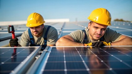 Poster - Medium closeup of workers in hard hats adjusting mounting systems for solar panels sweat glistening on their foreheads under the bright sun.