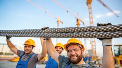 Aufkleber - Medium closeup of workers collaborating to lift and position a newly assembled section of steel cabling capturing the teamwork involved in construction projects.