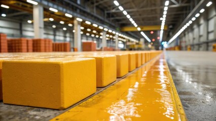 Aufkleber - Medium closeup of vibrant freshly poured concrete blocks lined up on a factory floor glistening under overhead industrial lights.