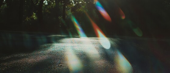 Aufkleber - Lens flare creates a vibrant atmosphere on a quiet road surrounded by trees at dusk