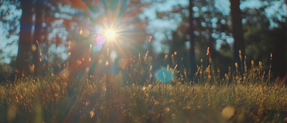 Poster - Beautiful golden light and lens flare illuminate grass in a serene forest setting at sunset