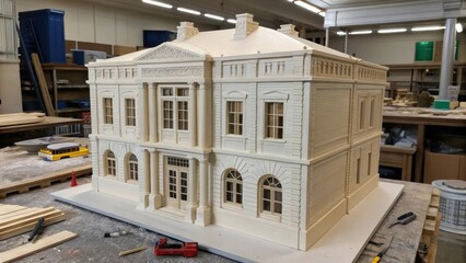 Aufkleber - Medium closeup perspective of a large 3Dprinted architectural model revealing detailed features such as windows and structural elements surrounded by tools and materials used for