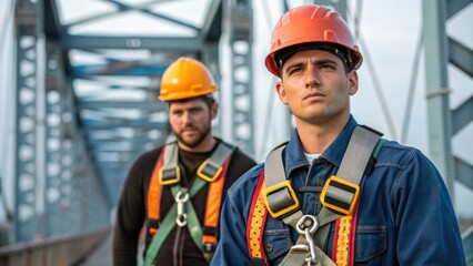Poster - Medium closeup of workers securing safety harnesses and helmets their determined expressions conveying the commitment to safety and teamwork before ascending the bridge structure.