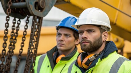 Fototapete - Medium closeup of workers in safety gear inspecting a cranes rigging their expressions serious as they ensure everything is secure before operation.
