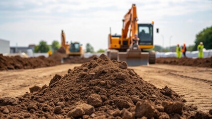 Aufkleber - Piles of freshly excavated soil sit to one side reflecting the efficiency of the excavator with small clumps of earth tered around the site.