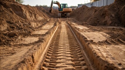 Poster - Muddy tracks of the excavator are imprinted on the ground leading from the pile of excavated soil to the developing foundation hole highlighting the movement and progress.