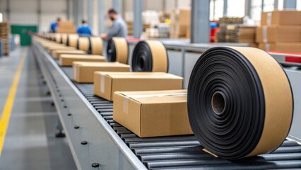Poster - Packaging Process A medium closeup showing industrial belts being rolled and packed into boxes ready for shipment with an organized workspace in the background reflecting