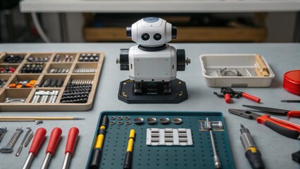Poster - Medium closeup showing the assembly of a robotic component on a workbench with various tools and spare parts organized for a quick repair.