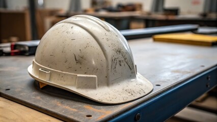 Poster - Personal Equipment A closeup of a workers helmet resting on a workbench displaying scuff marks and a unique design indicative of frequent use.