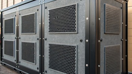 Poster - Medium closeup view of the exterior of a soundproof industrial enclosure with dense reinforced surfaces and ventilation grilles designed for sound control.