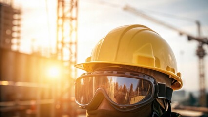 Poster - Safety Gear Focus A closeup of a workers helmet and goggles reflecting the bright sunlight and surrounding activity symbolizing the emphasis on safety in construction.