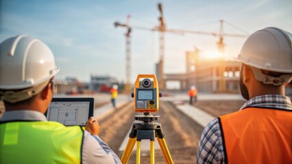 Poster - Surveyors using specialized equipment to map out the construction area capturing the dynamic nature of their work as they gather essential data for the expansion.