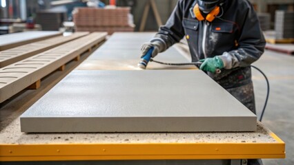 Aufkleber - Surface Treatment Application A worker applying a surface treatment to a precast concrete panel illustrating the finishing process that enhances durability and aesthetics.