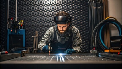 Aufkleber - The focused expression of a technician as they perform adjustments on a plasma ting machine surrounded by tools and metallic textures common in workshops.
