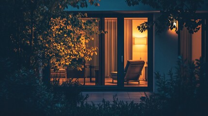 Wall Mural - Evening view of a modern home's interior through illuminated glass doors, showing comfortable furniture and warm lighting.