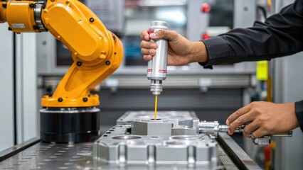 Aufkleber - The hands of a worker applying lubricant to a moving part of a robotic arm with an emphasis on the precision needed to maintain seamless operation in a fastpaced environment.