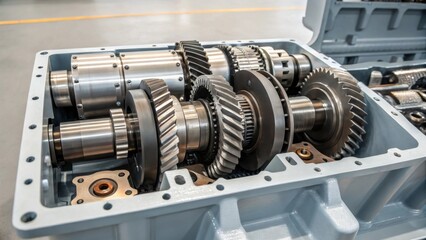 Aufkleber - The inner workings of the turbines gearbox in a medium closeup revealing polished gears and oil reservoirs with spare parts and tools strategically p throughout the assembly