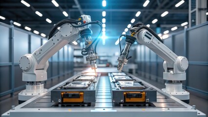 Poster - Two industrial robots working in tandem one soldering while the other feeds electronic components into the assembly line displaying synchronized precision.