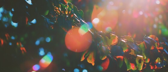 Poster - Beautiful lens flare effects illuminated by sunlight on dark foliage creating a mesmerizing contrast