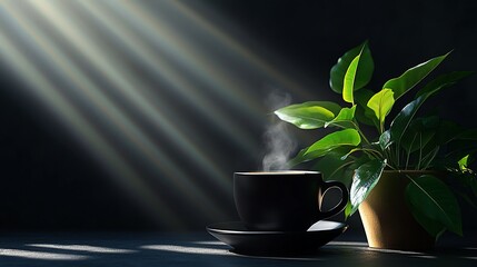 Wall Mural - Steaming coffee cup with plant in sunlight. (2)