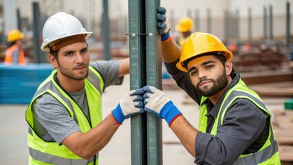 Aufkleber - Two workers collaborating on connecting vertical posts their focused expressions creating a sense of teamwork and shared responsibility in the assembly process.