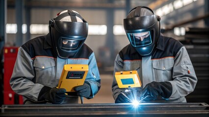 Aufkleber - Two workers in protective gear collaborating closely one observing the welding arc while the other checks alignment with laser tools showcasing teamwork in precision tasks.