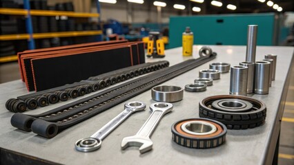 Aufkleber - Workbench cluttered with tools and replacement parts for conveyor maintenance including wrenches bearings and belts capturing the preparation for repairs.